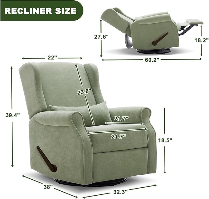 Nursery Swivel Glider Recliner,Rocking Chair Nursery with Footrest,Rocking Recliner Chair for Nursery,Glider Rocker Recliner for Living Room & Bedroom,Green