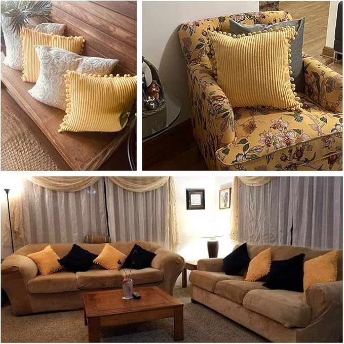 Fancy Homi Pack of 2 Boho Yellow Decorative Throw Pillow Covers with Pom-poms, Soft Corduroy Accent Solid Square Cushion Cases Set for Couch Sofa Bedroom Car Living Room (16x16 Inch/40x40 cm, Yellow)