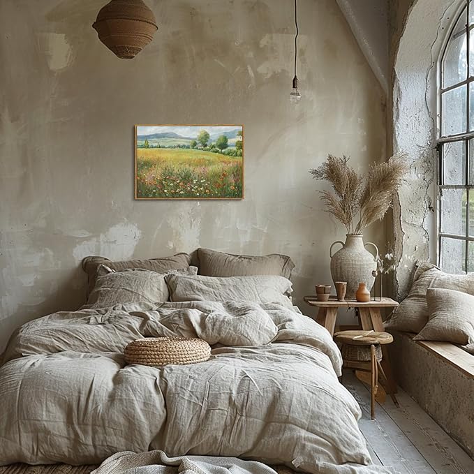 OIQArtOIQ Vintage Landscape Framed Wall Art Spring Countryside Colorful Wildflower Field Canvas Art Prints Farmhouse Cottagecore Pictures Wall Decor Rustic Meadow Paintings Artwork For Kitchen Bedroom