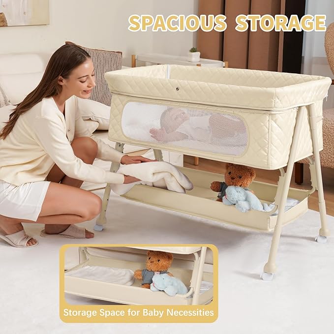 Baby Crib for Newborn, Baby Bassinets Bedside Sleeper with Breathable Mesh & Mattress, Easy Move Crib for Newborns with Lockable Wheels, 4-Adjustable Height Beside Bassinet (Beige)