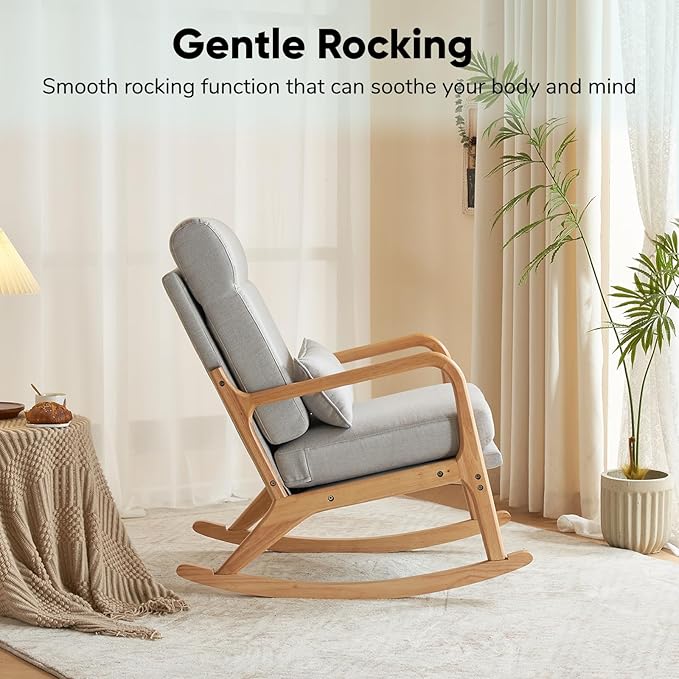 JOYBASE Rocking Chair, Nursery Glider Rocker Chair, Nursing Rocking Accent Chair, Modern Comfy Lounge Armchair with High Backrest for Indoor, Living Room, Bedroom, Nursery (Light Grey, Linen)