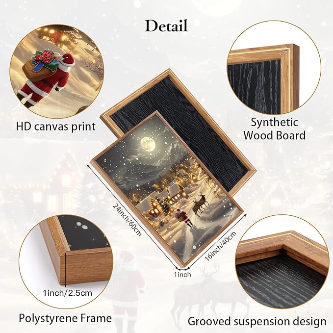 CHDITB Christmas Village Wall Art Set, Santa Claus and Reindeer Wall Decor, Moonlit Winter Artwork, Xmas Snowy Landscape Painting, Vintage Christmas Decor for Living Room Bedroom Fireplace 16"x24"x3