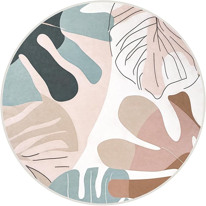 6' Machine Washable Round Area Rug, Non-Slip Abstract Boho Circle Floor Rugs for Kids, Low Pile Room Carpet for Living Room, Bedroom, Dining Room & Nursery(6' Pink)