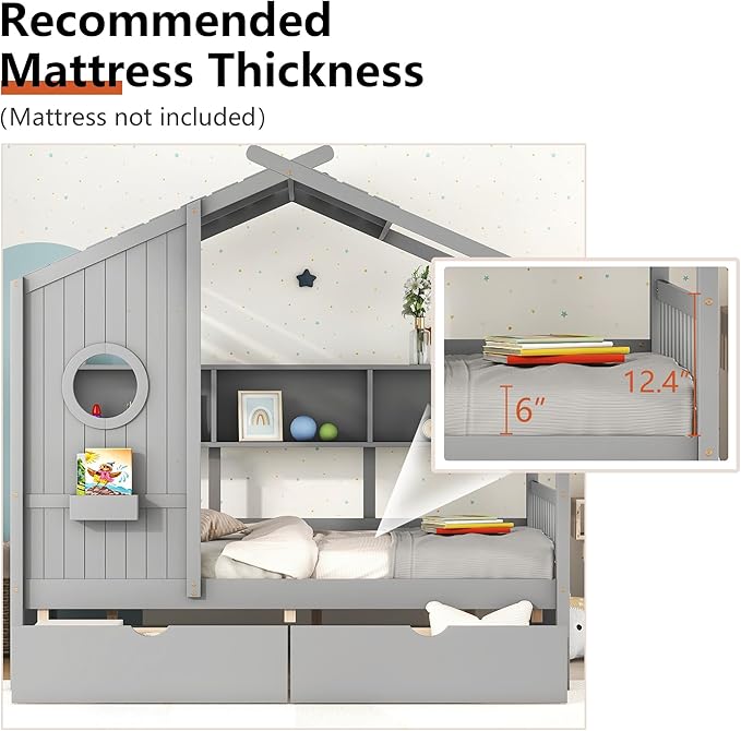 Full Size Bed Frames for Kids, House Bed with Window and Fence, Wood Platform Bed Frame with Drawers and Shelves, Playhouse Bed for Boys Girls, Gray, 78" L x 58" W x 72" H