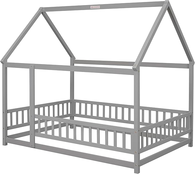 Bellemave Full Size House Bed Frame for Kids,Full Floor Bed,Wooden Montessori Floor Bed with Fence and Roof,Full Kids Bed Frame for Girls,Boys,Gray