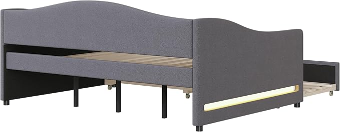 Merax Full Size Upholstered Daybed with Light and Trundle, Gray Teddy Fleece Sofa Bed Modern Wooden Platform Bed Frame for Bedroom, Living Room, Guest Room, Apartment