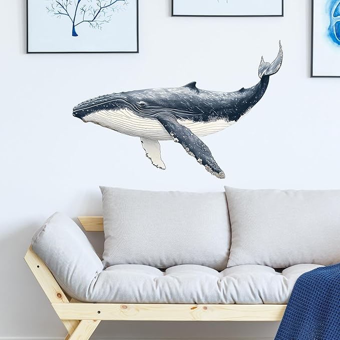 Humpback Whale Wall Decals Removable Ocean Theme Vinyl Stickers for Bathroom Nursery and Kids Playroom Realist Style Decor Peel and Stick Wall Art