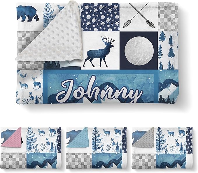 Personalized Baby Blankets for Girls Boys, Custom Blue Deer Baby Blanket with Name for Kids, Flannel Bed Throw Blanket for Newborn, Customized Gifts for Baby Shower Nursery Blanket(47" x60)