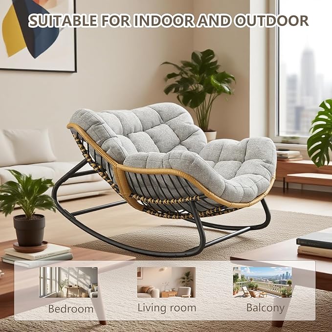 Oversized Papasan Rocking Chair with Thick Cushion, Rattan Wicker Egg Chair for Indoor/Outdoor Patio, Bedroom, Living Room, Porch, or Backyard – Grey