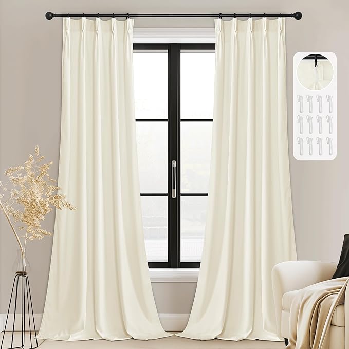 StangH Ivory White Pinch Pleated Velvet Curtains 84 inches Long, Elegant Light Dimming Privacy Protect Window Drapes Back Tab Thermal Insulated Panels for Nursery Bedroom, W38 x L84, 2 Panels