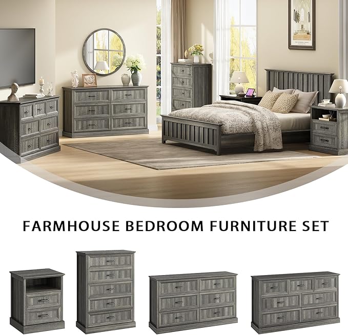Farmhouse 7 Drawer Dresser for Bedroom, 55 Inch Wide Modern Grey Dresser TV Stand with Large Drawers & Bar Handles, Rustic Wood Chest of Drawers for Bedroom, Living Room