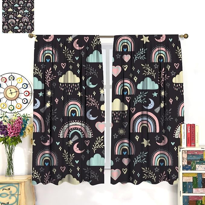 Boho Rainbow Curtains for Kids Nursery Colorful Floral Sun Star Clouds Pastel Bohemian Pattern Print Window Drapes for Girl Bedroom Living Room Kitchen Decor,2 Panel Set,72Wx63H Inch Blackout
