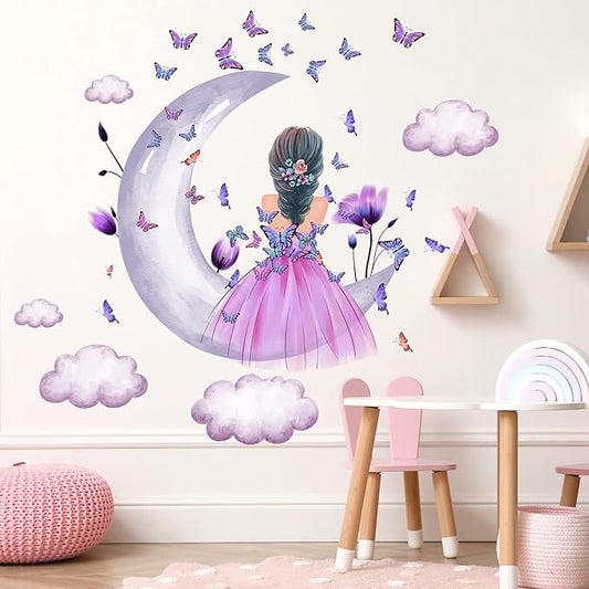 Baby Girl Wall Decals Purple Flower Butterfly Wall Sticker Moon Cloud Wall Decal Colorful Butterflies Wall Stickers Princess Room Decor for Girls Nursery Bedroom Playroom