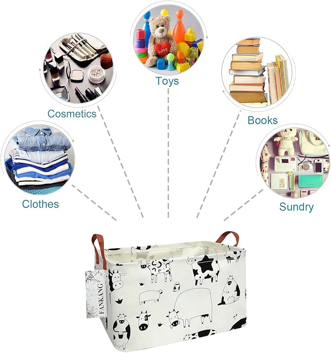 FANKANG Storage Basket,Nursery Hamper Canvas Laundry Basket Foldable with Waterproof PE Coating Storage, Office, Bedroom, Clothes,Toys(L, Rec-cows)