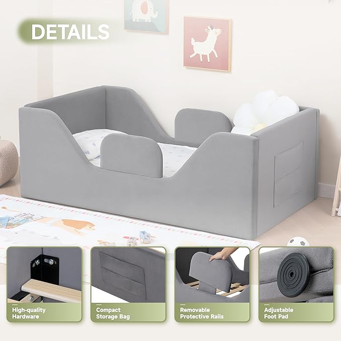 Toddler Floor Bed with Removable Safety Rails and Storage Bag, Kids Bed for Girl and Boys, Standard Crib Size, Safety Upholstered Child Beds, Low to Floor Design