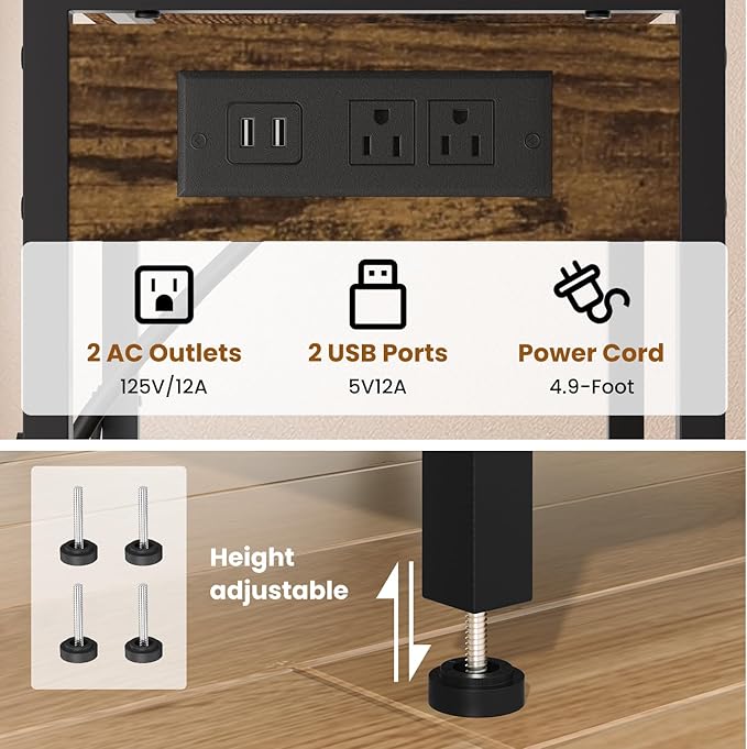 Record Player Stand with Charging Station, 3-Tier End Table with LED Light, Side Table Nightstand for Vinyl Storage,Tall Beside Tables Turntable Stand Living Room, Bedroom, Rustic Brown