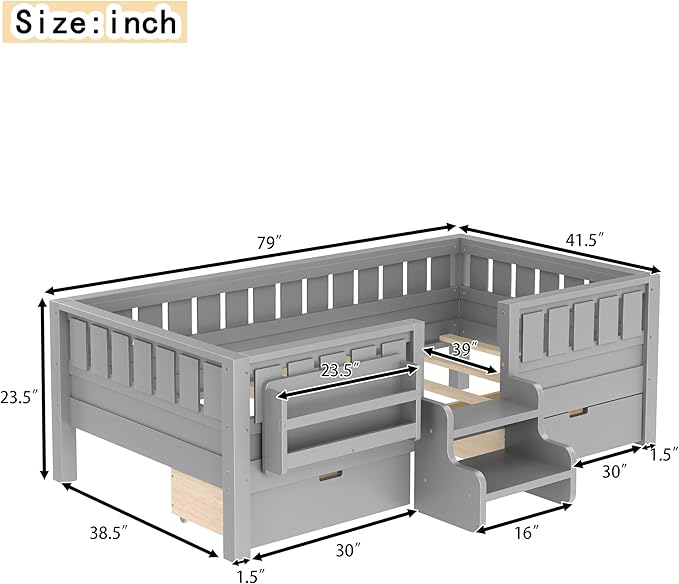 Bellemave Twin Size Kids Bed with high Rails and with Built-in Bookshelf and Drawers for Kids, Girls, Boys, Wood Montessori Bed Without Door, Gray