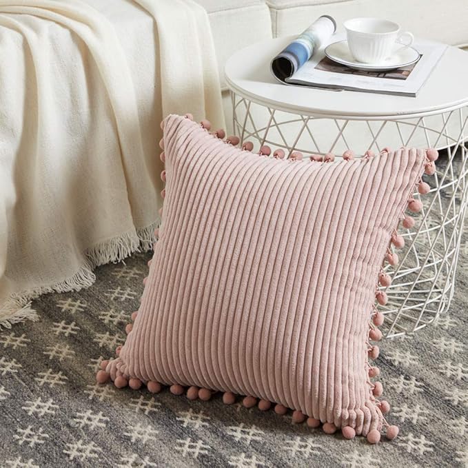 Fancy Homi Pack of 2 Decorative Throw Pillow Covers 20x20 with Pom-poms, Soft Corduroy Solid Square Cushion Pillow Cases Set for Couch Sofa Bedroom Car Living Room (20x20 Inch/50x50 cm, Blush Pink)