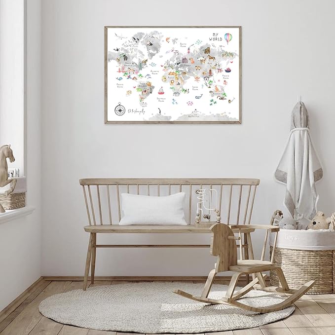 Grey Kids World Map Wall Art Animal Canvas Wall Art Nursery Wall Decor World Map Poster Playroom Prints Educational Artwork16x24 Inch Unframed
