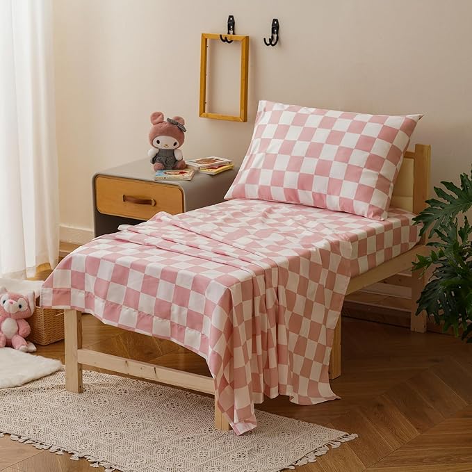KAREVER Grid Toddler Bedding Set Pink White Checkered 4 Pieces Crib Bed Set Kids Pliad Comforter Set