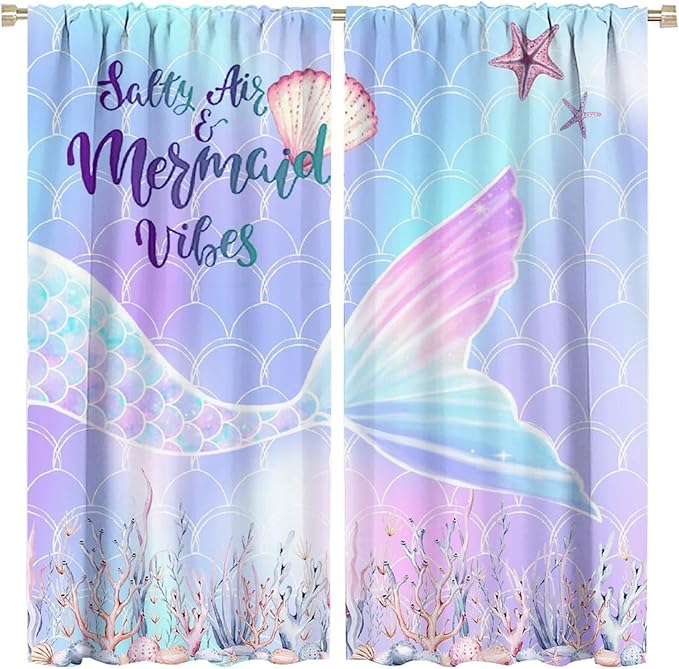 Fantasy Mermaid Curtain Colorful Rainbow Fish Tail Ocean Theme Beautiful Kids Window Treatment for Girls Bedroom Nursery Room Decor Rod Pocket Window Drapes 42x45in