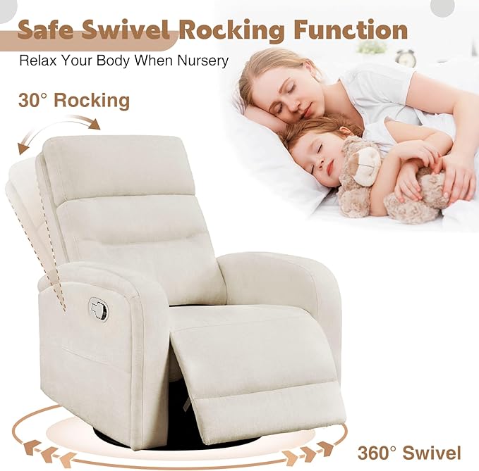 Nursery Rocking Recliners, 360° Swivel Glider Rocker Recliner with Double Pockets, Manual Nursery Glider Rocker Recliner for Living Room, Chenille White