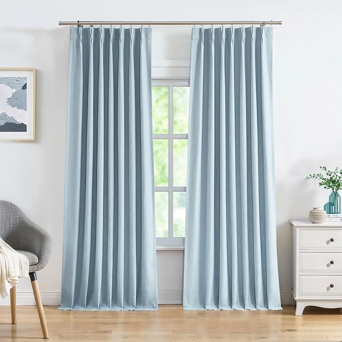 Central Park Pinch Pleat Full Blackout Curtain Panel Linen Texture Thermal Insulated Drapery with Full Blackout Liner for Farmhouse Bedroom Window Treatment Sets with Hooks, Dusty Blue, 40"x108"x2