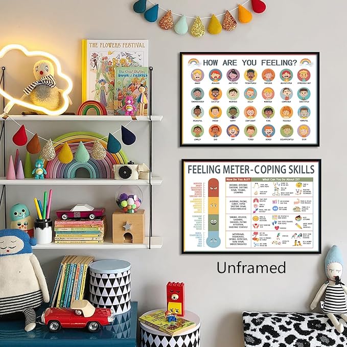 perasi Set of 2 Feeling Chart Poster Canvas, Emotions Coping Skills Wall Art for Kids, Calm Down Corner Mental Health Art Print, School Counselor Psychologist Feeling Chart 16x24in Unframed