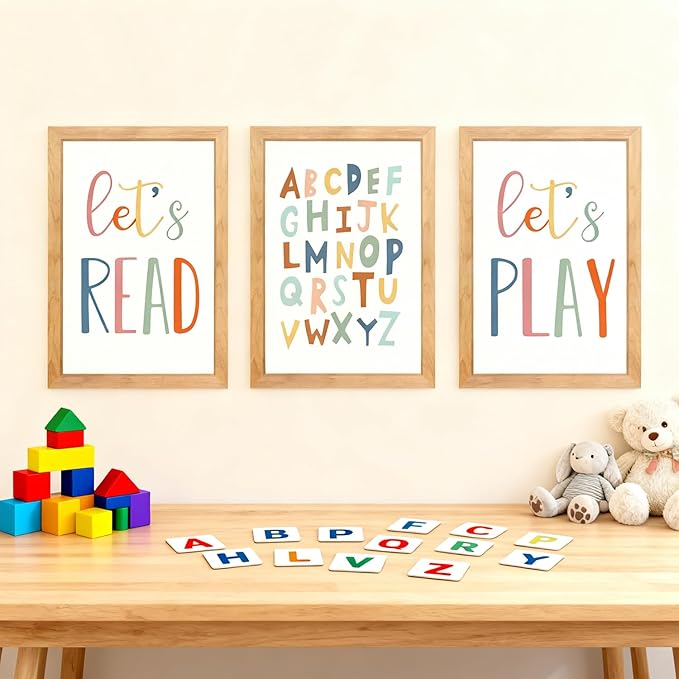 3 PCS Alphabet Framed Playroom Wall Decor,Classroom Must Haves Boho Educational ABC Poster Wooden Sign for Baby Girl Kid Boy Toddlers,Neutral Preschool English Letters Nursery Decor for Homeschool Kindergarten Kids Learning Natural