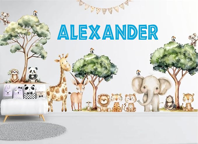 Personalized Safari Name Wall Decal for Kids Room – Custom Woodland Animal Nursery Wall Stickers – Jungle Themed Vinyl Wall Art – Giraffe Elephant Lion Baby Room Decor – Boys Girls Bedroom Mural