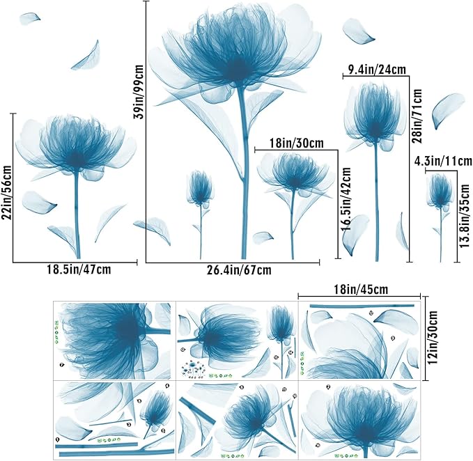 6 PCS Blue Lotus Blossom Floral Wall Stickers Romantic Painting Art Decor Flowers Bud Wall Decals Vinyl Removable Peel and Stick for Living Room Nursery Room Bedroom Office Bathroom Wall Decoration