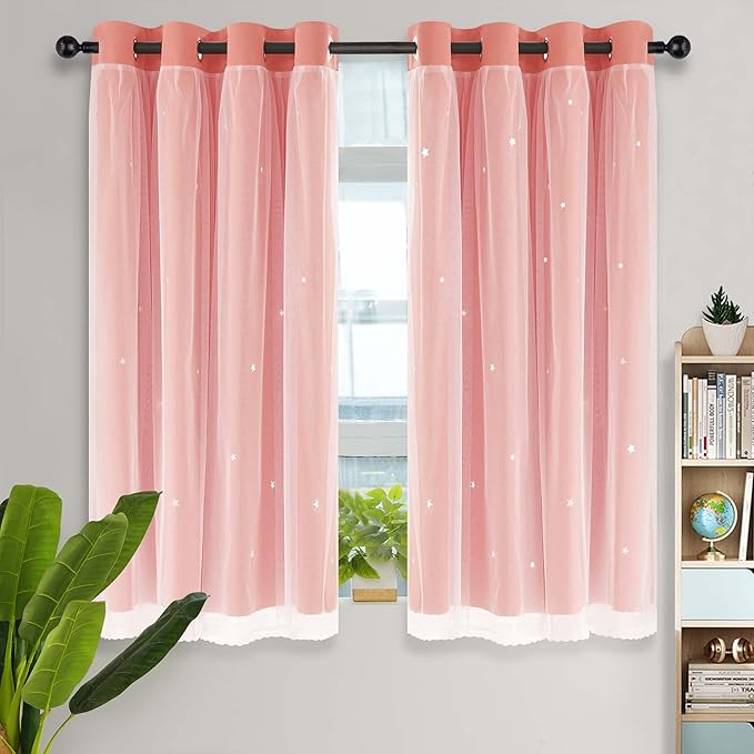 Kinryb Princess Small Curtains for Girls Bedroom with Sheer Overlay,Double Layer Curtain for Living Room with Star Cutout, Curtains for Kids Room (52 W*45 L Inches,2 Pcs Coral)