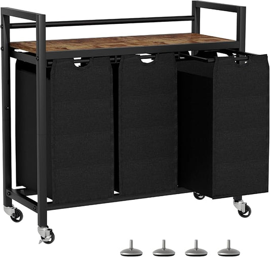 Laundry Hamper, Laundry Basket, Laundry Sorter with 3 Removable Bags, Clothes Basket with 3 Compartments, Wheels, Shelf for Laundry Room Bathroom Bedroom (3 Bags-Black)
