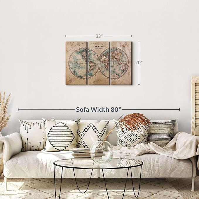 ElephantStock Hemisphere Map Wall Art Multi Piece Canvas - 3 Piece Canvas World Map Wall Decor - Wall Decor Print - Vintage Wall Art - 33" X 20"