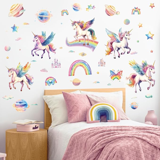 SHUCHING Unicorn Wall Sticker Peel and Stick, Vinyl Rainbow Wall Decal, Wall Decor Art for Girls Bedroom Baby Nursery Playroom