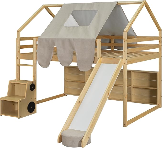 Playhouse Design Full Size Wood Loft Bed with Slide and Tent, Low Loft House Bed Frame with Storage Shelves and Removable Car-Shaped Staircase for Kids Teens Boys Girls Bedroom (Natural-PT)