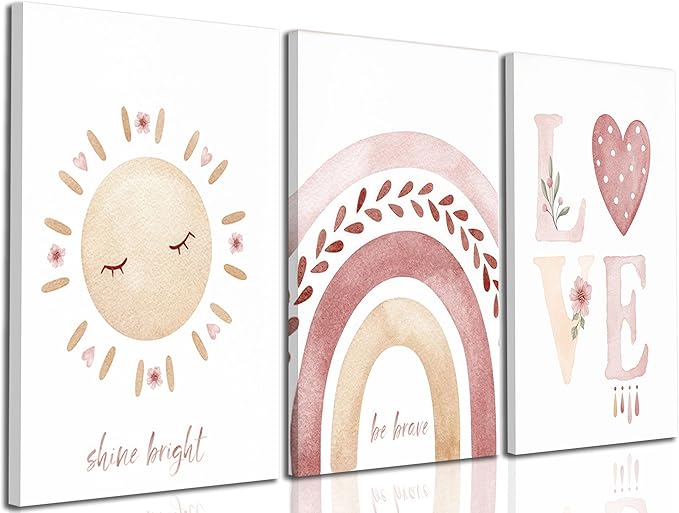 3 Pcs Nursery Canvas Wall Art Pink Sun Rainbow Hearts Posters Prints Boho Kids Room Pictures Wall Decor for Toddlers Children Baby Girl Bedroom Home Decoration