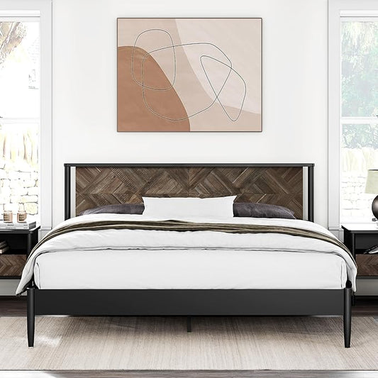 Lenia 14 Inch Solid Wood Bed Frame with Headboard, Rustic Farmhouse King Platform Bed, Acacia Wood, No Box Spring Needed, Mocha Black, Queen Size (Lenia Collection)
