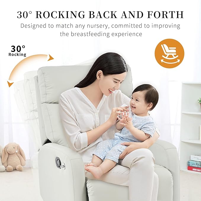 Swivel Rocker Recliner Chair for Nursery, Upholstered 360° Leather-air Glider Rocking Chair with Phone Holder, Manual Small Recliners for Small Spaces Living Room