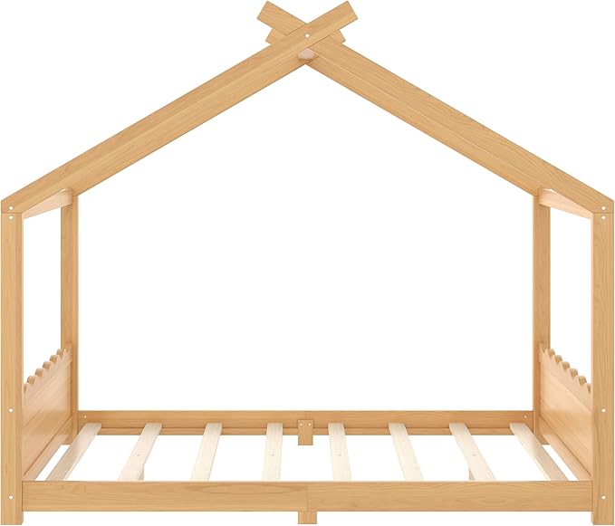 Queen Size Wooden House Floor Bed - Kids Bed Frame with Roof & Support Slats for Bedroom, No Box Spring Needed, Easy Assembly (Natural)