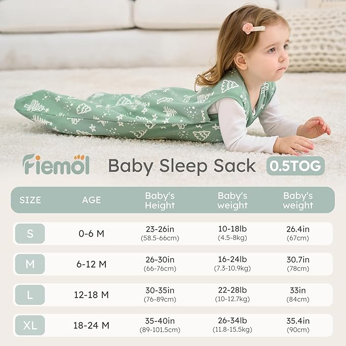 Baby Sleep Sack 6-12 months, 100% Cotton Sleeping Sack for Newborn and Infant, 3 Pack Baby Wearable Blanket for Boy and Girl, 0.5 Tog Lightweight Double Zipper Sleep Bag Green Apricot Bear