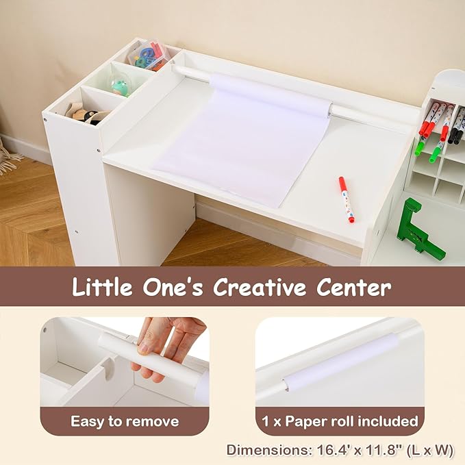 Costzon Kids Desk and Chair Set, Art Activity Desk Set with Detachable Paper Roll Holder, Cubby Cabinet, and Multiple Storage Space, 2-in-1 Toddler Table and Chair for Painting, Studying (White)