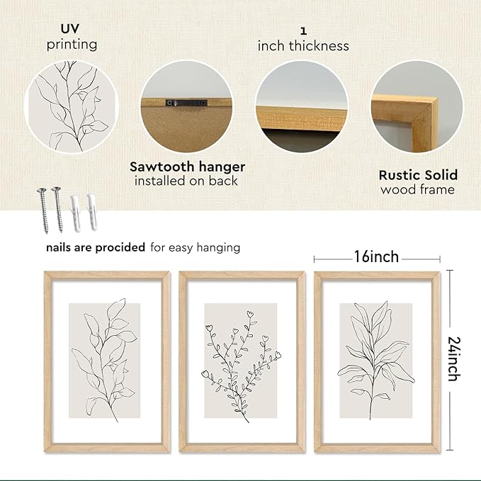 YWJKWLGS Neutral Botanical Prints Framed Wall Art Decor 16x24 Inch Set of 3 Boho Plant pictures Sign minimalist Vintage for Bedroom Office bathroom Wall Hanging (Wood)
