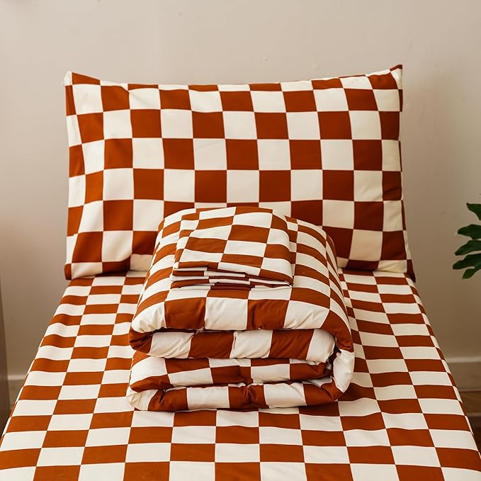 KAREVER Grid Toddler Bedding Set Pumpkin White Checkered 4 Pieces Crib Bed Set Kids Pliad Comforter Set