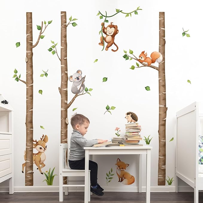Tanlaby Large Birch Tree Forest Animals Wall Stickers Woodland Brown Trees Wall Decals Deer Fox Monkey Sticker Peel and Stick Art Decor for Baby Nursery Kids Toddler Bedroom Playroom Classroom