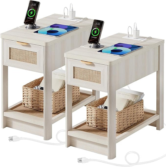 Lerliuo Narrow Night Stand Set of 2 with Charging Station, Boho Nightstand with Drawer, Bed Side End Table with Rattan Shelf for Small Spaces, Wood Nightstands Bedside Tables for Living Room Bedroom