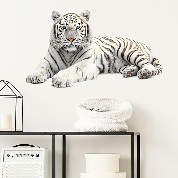 Lifelike Lying White Tiger Wall Decal Nursery Animal Wall Sticker Removable Peel and Stick Wall Art Decor for Kid Baby Classroom Preschool Living Room Playroom Bedroom School