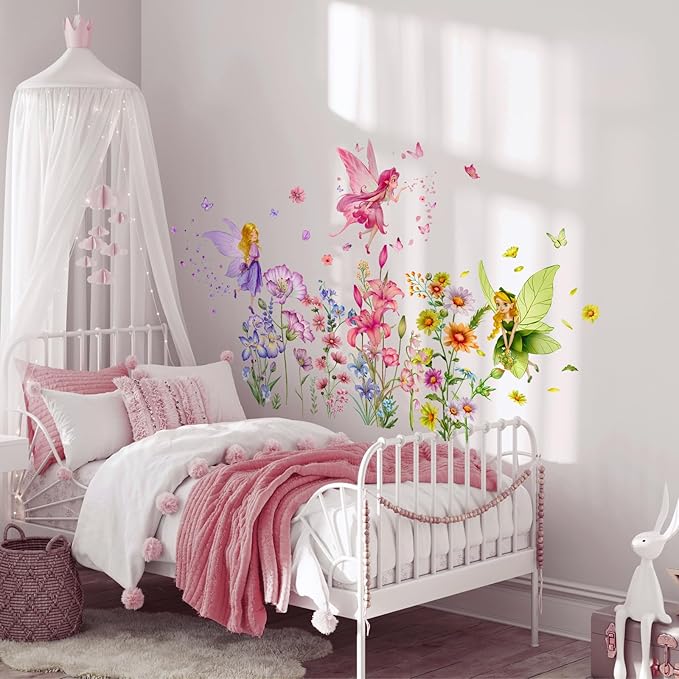 Supzone Flower Fairy Wall Stickers Butterfly Girl Wall Decals Removable Vinyl Wall Art Sticker for Girls Baby Nursery Kids Bedroom Living Room Bathroom
