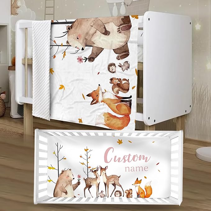 Personalized Crib Bedding Set for Boys Girls, Custom Baby Crib Sets with Name, Fox Sika Deer Design Nursery Bedding 2 Piece - Soft Blanket with Double Layer Dotted Backing, Crib Fitted Sheet