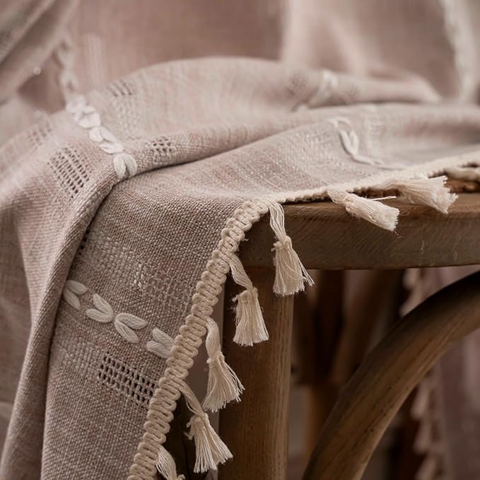Deeprove Boho Curtain 72 inches Length for Living Room Bedroom, Light Brown Bohemian Coffee Linen Sheer 72 inches Long Tassel Stripe Embroidery Privacy Window Treatment W52 x L72, 1 Panel Natural